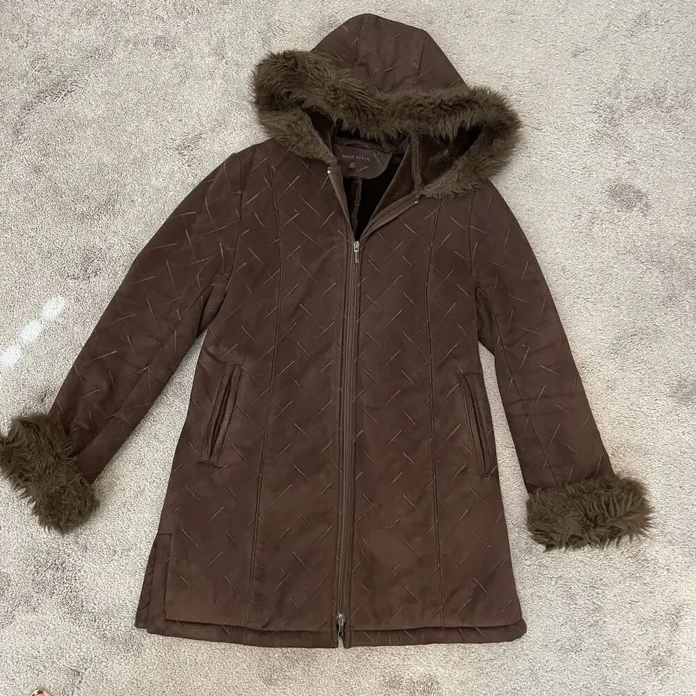 Y2K Faux Suede Fur Trim Hooded Coat Zip Up Women’s Medium 2000s VTG Brown Jacket - Picture 3 of 16